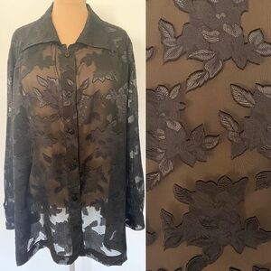 Vintage 80s Sheer Burnout Blouse *Plus/5X* KILO MET RAGE Black Satin Floral Top
